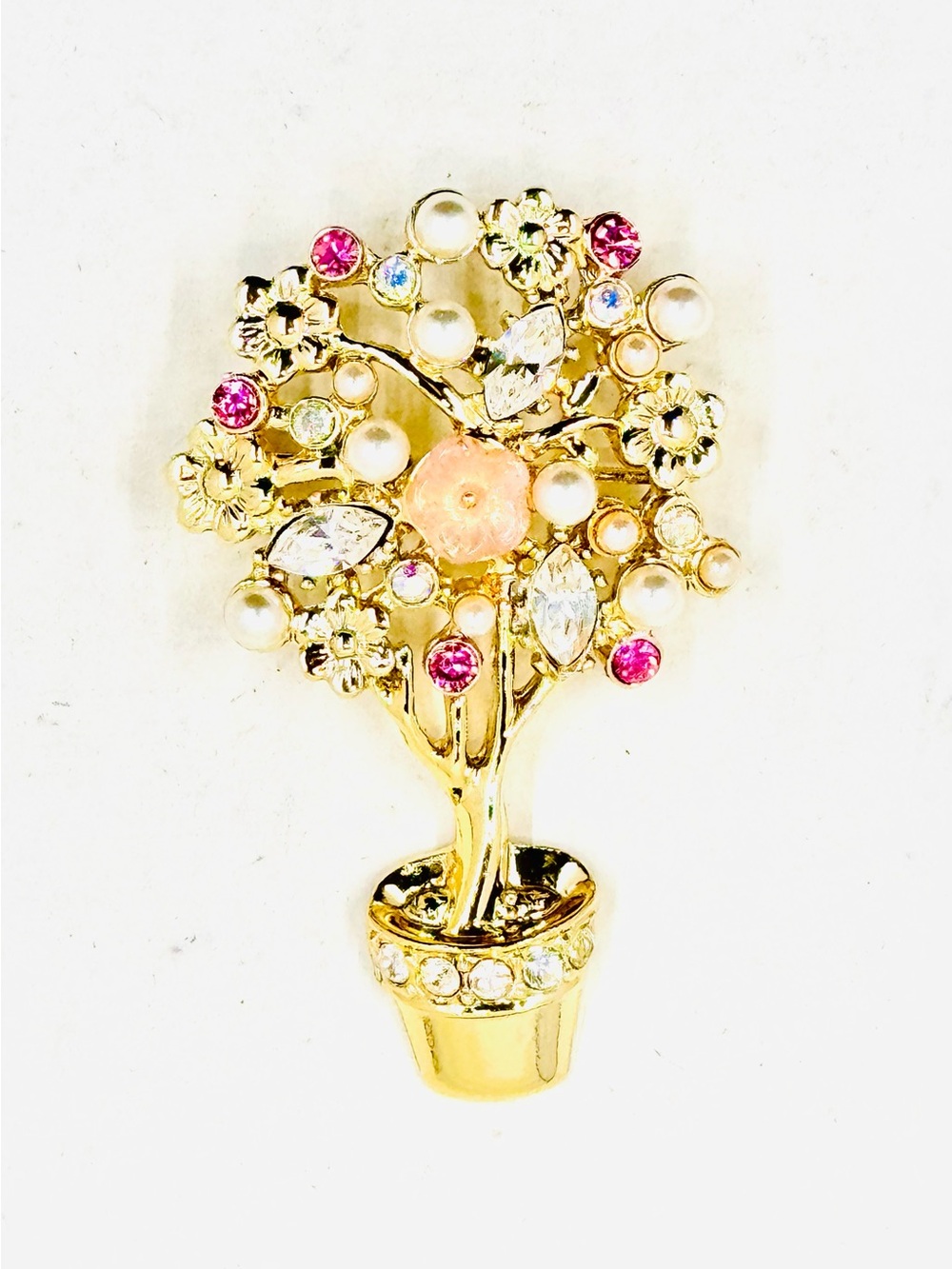 Vintage Danecraft Gold Tone Floral Flower Tree Brooch W/Rhinestones & Pearls